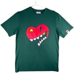 Rare IBIS Brand "Heart on your sleeve" Green Front & Back Print T-Shirt Size S
